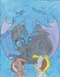 Size: 2550x3295 | Tagged: safe, artist:fliegerfausttop47, derpibooru import, nightmare moon, princess luna, oc, oc:cherry cookie, oc:countess sweet bun, alicorn, earth pony, pegasus, blue eyes, brown coat, brown eyes, brown mane, colored pencil drawing, cute, derpibooru exclusive, earth pony oc, ethereal mane, female, frog (hoof), gift art, hoof shoes, image, it's coming right at us, jpeg, looking at each other, looking at someone, looking at you, low angle, macro, macro/micro, micro, mlp fim's fourteenth anniversary, nervous, open mouth, pegasus oc, pencil drawing, perspective, shocked, sitting, slit pupils, starry mane, traditional art, trio, trio female, underhoof, wings, worried, yellow coat, yellow mane