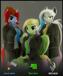 Size: 1666x2000 | Tagged: safe, artist:dangerousdpad, ponerpics import, oc, oc:green screen, oc:sugar surge, unofficial characters only, anthro, bat pony, 3d, bat pony oc, bat wings, breasts, clothes, female, image, jpeg, looking at you, trio, trio female, tuxedo, wings