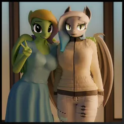 Size: 2000x2000 | Tagged: safe, artist:dangerousdpad, ponerpics import, oc, oc:green screen, unofficial characters only, anthro, bat pony, 3d, bat pony oc, bat wings, breasts, clothes, female, happy, image, jpeg, looking at you, wings