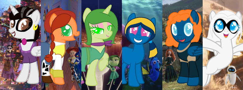 Size: 2030x755 | Tagged: safe, artist:whitematilda16, derpibooru import, applejack, fluttershy, pinkie pie, rainbow dash, rarity, twilight sparkle, twilight sparkle (alicorn), ponified, alicorn, pegasus, pony, unicorn, g4, bandana, base used, brave (movie), clothes, coco (disney movie), cosplay, costume, cowboy hat, cowgirl, disgust (inside out), disney, dory, e.v.e., female, finding dory, finding nemo, hat, horn, image, imelda rivera, inside out, jessie, jessie (toy story), mane six, mare, merida, pixar, png, smiling, toy story, underwater, wall-e, water