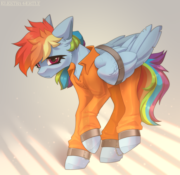 Size: 2770x2700 | Tagged: safe, artist:elektra-gertly, derpibooru import, rainbow dash, bound wings, clothes, commissioner:rainbowdash69, d-class, image, jumpsuit, never doubt rainbowdash69's involvement, png, prison outfit, prisoner, prisoner rd, sad, scp foundation, shackles, solo, wings