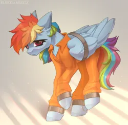 Size: 2770x2700 | Tagged: safe, artist:elektra-gertly, derpibooru import, rainbow dash, bound wings, clothes, commissioner:rainbowdash69, d-class, image, jumpsuit, never doubt rainbowdash69's involvement, png, prison outfit, prisoner, prisoner rd, sad, scp foundation, shackles, solo, wings