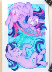 Size: 1097x1536 | Tagged: safe, artist:thunderball, derpibooru import, starlight glimmer, twilight sparkle, twilight sparkle (alicorn), alicorn, pony, g4, female, glow, glowing horn, horn, image, jpeg, mare, photo, solo, traditional art, wings