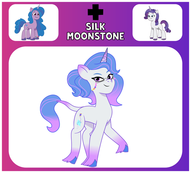 Size: 1650x1500 | Tagged: safe, artist:prixy05, derpibooru import, izzy moonbow, rarity, oc, oc:silk moonstone, pony, unicorn, g4, g5, my little pony: tell your tale, female, fusion, fusion:izzy moonbow, fusion:rarity, horn, image, izzy and her 2nd heroine, leonine tail, mare, png, tail