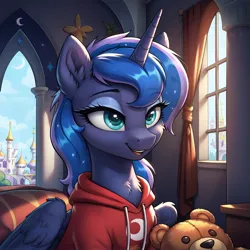 Size: 1024x1024 | Tagged: safe, ai content, derpibooru import, machine learning generated, prompter:thelight3d, stable diffusion, princess luna, alicorn, g4, canterlot castle, clothes, ear fluff, generator:pony diffusion v6 xl, hoodie, image, indoors, jpeg, makeup, plushie, teddy bear, window, wings