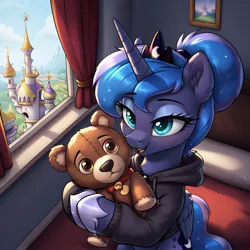 Size: 1024x1024 | Tagged: safe, ai content, derpibooru import, machine learning generated, prompter:thelight3d, stable diffusion, princess luna, alicorn, g4, bedroom, canterlot castle, clothes, day, generator:pony diffusion v6 xl, hoodie, image, indoors, jpeg, makeup, overhead view, plushie, teddy bear, window, wings