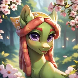 Size: 1024x1024 | Tagged: safe, ai content, derpibooru import, machine learning generated, stable diffusion, tree hugger, earth pony, pony, g4, dreadlocks, flower, forest, generator:pony diffusion v6 xl, image, nature, outdoors, png, prompter:teonanakatle, solo, tree