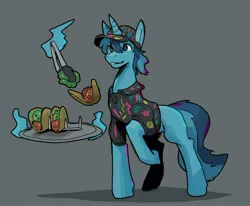 Size: 1117x921 | Tagged: safe, artist:double-zr-tap, derpibooru import, oc, oc:rocky blues, unofficial characters only, pony, unicorn, commission, commissioner:legionofblues, food, hat, horn, image, jpeg, male, polo shirt, retro, sketch, stallion, taco, taco tuesday, tongs, unicorn oc