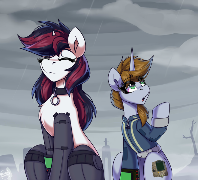 Size: 2750x2500 | Tagged: safe, artist:shadowreindeer, banned from derpibooru, deleted from derpibooru, derpibooru import, edit, unauthorized edit, oc, oc:blackjack, oc:littlepip, unofficial characters only, cyborg, pony, fallout equestria, fallout equestria: project horizons, /foe/, 4chan, amputee, augmented, collar, duo, eyes closed, fanfic art, female, gondola, horn, image, mare, pipbuck, png, prosthetic leg, prosthetic limb, prosthetics, quadruple amputee, rain, raised hoof, sitting, size difference, small horn