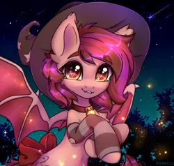 Size: 4000x3800 | Tagged: safe, artist:radioaxi, derpibooru import, oc, oc:velvet silverwing, unofficial characters only, bat pony, pony, bat pony oc, bat wings, bell, bell collar, collar, female, hat, high res, image, looking at you, mare, night, night sky, outdoors, png, shooting star, sky, smiling, smiling at you, solo, stars, wings, witch hat