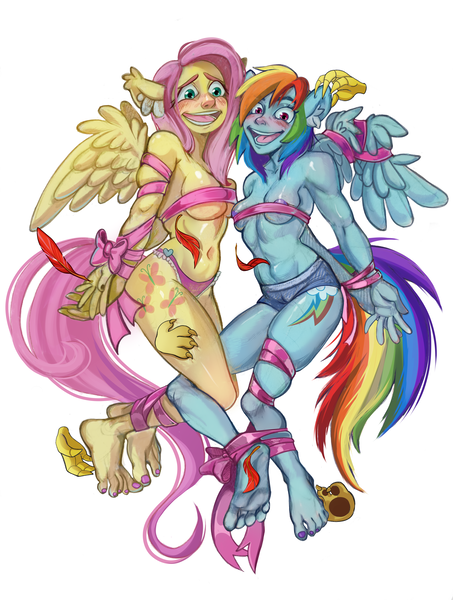 Size: 4150x5500 | Tagged: questionable, artist:irishaarenir, derpibooru import, fluttershy, rainbow dash, anthro, pegasus, plantigrade anthro, abs, barefoot, belly, belly button, blushing, bondage, breasts, clothes, commission, duo, duo female, ear fluff, erotic tickling, feather, feet, female, femsub, fetish, foot fetish, human facial structure, image, implied discord, muscles, nail polish, nipples, nudity, offscreen character, open mouth, panties, pink underwear, png, restrained, ribbon, shorts, simple background, soles, submissive, tickle fetish, tickle torture, tickling, toenail polish, underwear, white background