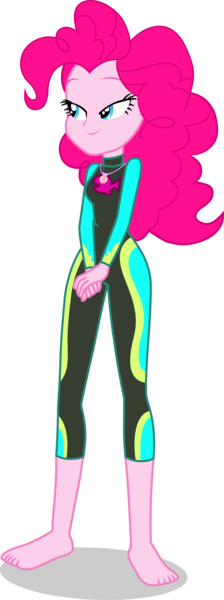 Size: 1280x3424 | Tagged: safe, alternate version, artist:dustinwatsongkx, derpibooru import, pinkie pie, human, equestria girls, g4, barefoot, clothes swap, curly hair, feet, female, flip-flops, fluttershy's wetsuit, geode of fauna, image, jewelry, magical geodes, necklace, png, sandals, simple background, solo, swimsuit swap, transparent background, wetsuit