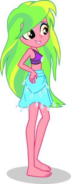 Size: 1484x3829 | Tagged: safe, alternate version, artist:dustinwatsongkx, derpibooru import, lemon zest, human, equestria girls, g4, armpits, bare arms, bare legs, bare shoulders, barefoot, beads, bikini, bikini top, blue eyeshadow, clothes, clothes swap, cute, diamonds, eyeshadow, feet, female, golden eyes, green hair, grin, hand on hip, how do i look?, image, makeup, midriff, png, rarity's blue sarong, rarity's purple bikini, sarong, side view, simple background, skirt, sleeveless, smiling, solo, swimsuit, swimsuit swap, teeth, transparent background, turned head, zestabetes