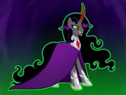 Size: 2048x1536 | Tagged: safe, artist:melspyrose, derpibooru import, idw, king sombra, rabia, umbrum, g4, background used, curved horn, description, evil, evil grin, grin, horn, idw showified, image, jewelry, png, queen umbra, regalia, rule 63, sharp teeth, smiling, sombra eyes, teeth