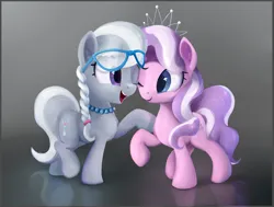 Size: 2183x1653 | Tagged: safe, artist:scootiebloom, derpibooru import, diamond tiara, silver spoon, earth pony, pony, g4, best friends, duo, duo female, female, filly, foal, glasses, image, jewelry, looking at each other, looking at someone, necklace, one eye closed, open mouth, open smile, png, raised hoof, smiling, smiling at each other, tail, tiara