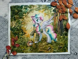 Size: 4096x3072 | Tagged: safe, artist:k0potb, derpibooru import, oc, oc:sky sorbet, unofficial characters only, craft, forest, forest background, image, jpeg, nature, paper, papercraft, photo, traditional art, tree, watercolor painting