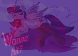 Size: 1961x1426 | Tagged: suggestive, artist:catponything, derpibooru import, twilight sparkle, twilight sparkle (alicorn), alicorn, pony, g4, blanket, bong, clothes, drug use, drugs, image, lying down, magic, magic aura, marijuana, pillow, png, purple background, relaxing, simple background, smoke, socks, solo, spread wings, striped socks, sultry pose, thigh highs, wings