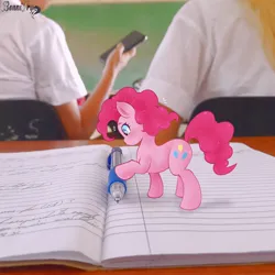 Size: 2048x2048 | Tagged: safe, artist:bonnitryc4d, derpibooru import, pinkie pie, earth pony, human, pony, curious, female, image, irl, irl human, jpeg, mare, pen, photo, ponies in real life, school, tiny, tiny ponies