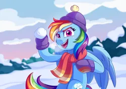 Size: 1754x1240 | Tagged: safe, artist:skysorbett, derpibooru import, rainbow dash, pegasus, pony, g4, clothes, cloud, colored eyebrows, female, hat, image, mare, my little pony best gift ever, open mouth, outdoors, png, scarf, sky, snow, snowball, snowball fight, solo, wings, winter, winter outfit