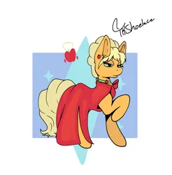 Size: 3708x3771 | Tagged: safe, artist:tkshoelace, derpibooru import, applejack, earth pony, pony, g4, apple, clothes, cutie mark, dress, ear fluff, ear piercing, eyelashes, eyeshadow, female, food, image, lidded eyes, makeup, mare, piercing, png, raised leg, solo