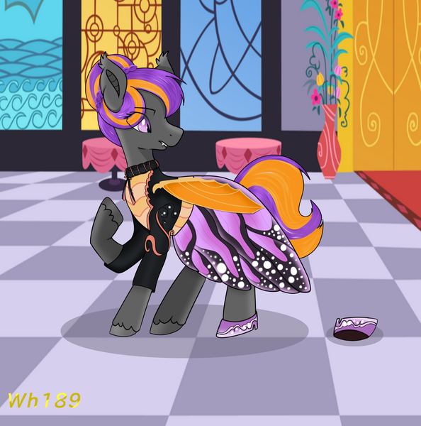 Size: 1500x1515 | Tagged: safe, artist:darkfire036, artist:wh189, derpibooru import, fancypants, oc, oc:bright wings, unofficial characters only, bat pony, pony, ball room, clothes, concerned, confused, dress, fancy skirt, heels on a horse, high heels, hooves, image, looking back, png, raised hoof, rule 63, shoes, skirt, solo