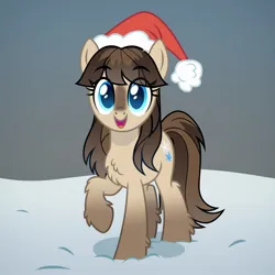 Size: 1536x1536 | Tagged: safe, ai content, derpibooru import, machine learning generated, stable diffusion, oc, oc:frosty flakes, pony, taiga pony, g4, chest fluff, christmas, derpibooru exclusive, female, generator:pony diffusion v6 xl, hat, holiday, image, jpeg, leg fluff, looking at you, mare, open mouth, open smile, prompter:siber, raised hoof, santa hat, show accurate, smiling, snow, solo