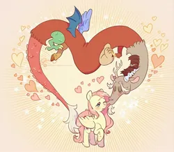 Size: 2560x2236 | Tagged: safe, artist:samsemogart, derpibooru import, discord, fluttershy, blushing, cute, daaaaaaaaaaaw, discoshy, female, happy, heart, image, jpeg, kiss on the cheek, kissing, male, shaped like a heart, shipping, simple background, straight, yellow background