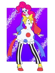 Size: 1030x1366 | Tagged: safe, artist:feralroku, derpibooru import, pinkie pie, human, g4, bow, clothes, clown, clown makeup, clown nose, costume, dressuptober, dressuptober2024, halloween, halloween 2024, holiday, humanized, image, mlp fim's fourteenth anniversary, png, red nose, smiling, solo