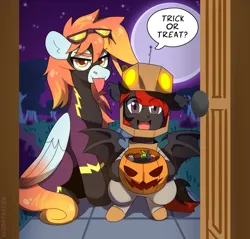 Size: 3767x3600 | Tagged: safe, artist:batavern, derpibooru import, oc, oc:shadow sky, oc:wind east, bat pony, pegasus, candy, clothes, costume, food, halloween, halloween costume, holiday, image, moon, night, oc x oc, png, pumpkin bucket, robot costume, shadowbolts, shadowbolts costume, shipping, wings