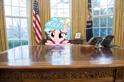 Size: 3568x2351 | Tagged: safe, artist:mlplinara14, derpibooru import, edit, edited edit, cozy glow, pegasus, pony, g4, america is doomed, female, filly, foal, high res, image, irl, oval office, photo, png, ponies in real life, this will not end well, united states, we're all doomed, white house, xk-class end-of-the-world scenario