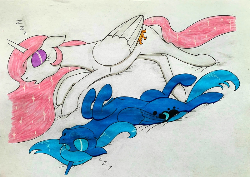 Size: 3500x2479 | Tagged: safe, artist:killerteddybear94, derpibooru import, princess celestia, princess luna, image, jpeg, lying down, mlp fim's fourteenth anniversary, on back, pink-mane celestia, s1 luna, sleeping, traditional art