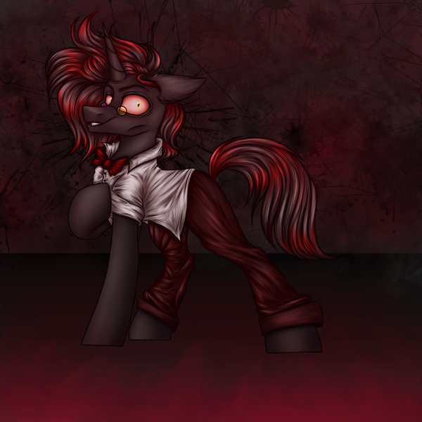 Size: 3000x3000 | Tagged: safe, artist:darklight1315, derpibooru import, oc, oc:despair, oc:feimar, unofficial characters only, pony, unicorn, fallout equestria, angry, bowtie, clothes, fallout equestria: mayday, glasses, horn, image, pants, png, red sclera, shirt, solo, white shirt