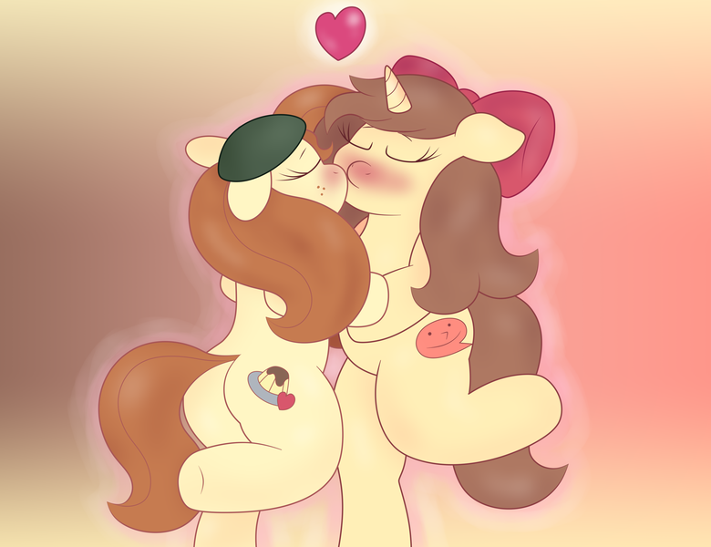 Size: 3484x2680 | Tagged: safe, artist:sparkfler85, derpibooru import, oc, oc:flani bainilye, oc:hymyt, unofficial characters only, earth pony, pony, unicorn, blushing, bow, butt, derpibooru exclusive, female, floppy ears, freckles, gradient background, hair bow, hat, heart, holding hooves, horn, image, implied incest, kissing, lesbian, one leg raised, outline, png, shipping