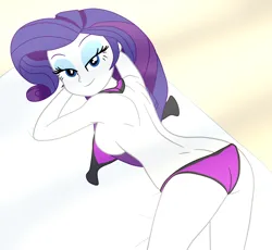 Size: 2098x1932 | Tagged: suggestive, artist:gmaplay, derpibooru import, rarity, equestria girls, ass, ass up, bikini, breasts, butt, buttcrack, clothes, female, image, png, presenting, rarity's beach shorts swimsuit, rarity's purple bikini, rearboob, rearity, solo, solo female, sunbathing, swimsuit