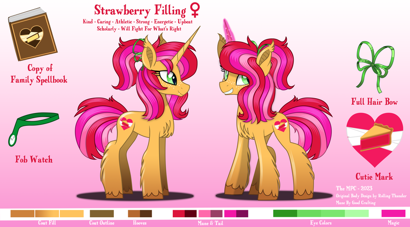 Size: 4500x2500 | Tagged: safe, artist:the_mpc, derpibooru import, oc, oc:strawberry filling, unofficial characters only, bat pony, pony, unicorn, bat pony hybrid, bat pony oc, bat wings, book, bow, buff, chest fluff, color palette, colored hooves, cutie mark, fangs, female, female symbol, fluffy, freckles, gradient background, green eyes, hair bow, hooves, horn, image, jewelry, leg fluff, magic, magic aura, mare, misspelling, muscles, necklace, pendant, png, ponytail, reference, reference sheet, solo, tall, unshorn fetlocks, watch, wings