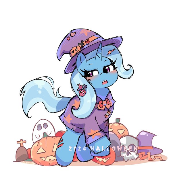 Size: 2244x2236 | Tagged: safe, artist:leo19969525, derpibooru import, trixie, ghost, pony, undead, unicorn, g4, blushing, clothes, costume, female, gravestone, halloween, halloween costume, hat, holiday, horn, image, jack-o-lantern, jpeg, lidded eyes, mare, open mouth, pumpkin, simple background, skull, solo, white background, witch costume, witch hat