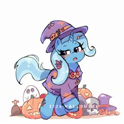 Size: 2244x2236 | Tagged: safe, artist:leo19969525, derpibooru import, trixie, ghost, pony, undead, unicorn, g4, blushing, clothes, costume, female, gravestone, halloween, halloween costume, hat, holiday, horn, image, jack-o-lantern, jpeg, lidded eyes, mare, open mouth, pumpkin, simple background, skull, solo, white background, witch costume, witch hat