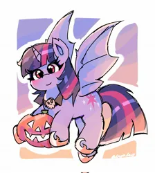 Size: 1833x2048 | Tagged: safe, artist:leo19969525, derpibooru import, twilight sparkle, twilight sparkle (alicorn), alicorn, bat pony, bat pony alicorn, pony, g4, bat ponified, bat wings, female, halloween, holiday, horn, image, jack-o-lantern, jpeg, looking at you, mare, passepartout, pumpkin, race swap, red eyes, smiling, solo, spread wings, twibat, wings