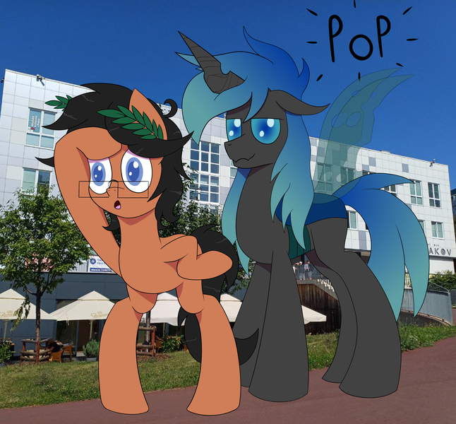 Size: 9031x8382 | Tagged: safe, artist:laurelcrown, derpibooru import, oc, oc:kryostasis, oc:laurel crown, changeling, earth pony, pony, changeling oc, digital art, earth pony oc, glasses, image, png, real life background