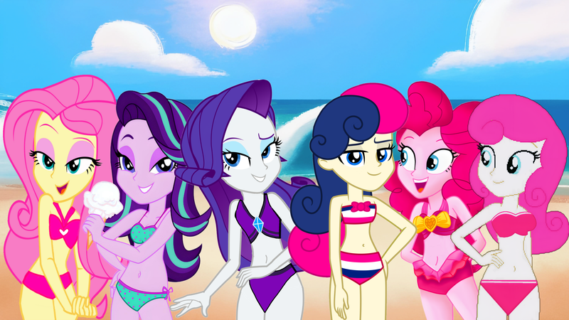 Size: 3000x1688 | Tagged: suggestive, artist:rosasmitt, derpibooru import, bon bon, fluttershy, pinkie pie, rarity, starlight glimmer, sweetie drops, twinkleshine, equestria girls, g4, beach, bikini, caption, clothes, erotica, image, image macro, png, semi-nude, spoilers for another series, swimsuit, text