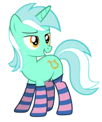 Size: 3986x4777 | Tagged: safe, artist:fluffytuli, derpibooru import, lyra heartstrings, pony, unicorn, g4, absurd resolution, artifact, bedroom eyes, clothes, female, grin, horn, image, implied bon bon, implied lesbian, implied lyrabon, implied shipping, mare, png, simple background, smiling, socks, solo, striped socks, transparent background, vector