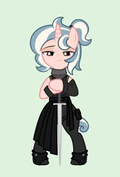 Size: 2480x3668 | Tagged: safe, artist:return 0, derpibooru import, oc, oc:vivi poff, unofficial characters only, pony, unicorn, clothes, horn, image, png, show accurate, solo, sword, weapon