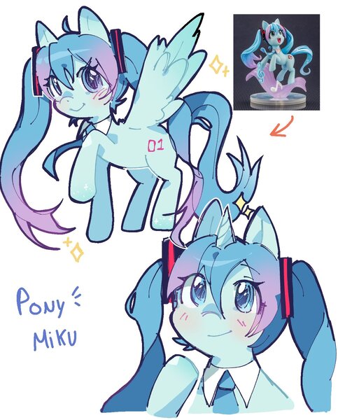 Size: 1240x1540 | Tagged: safe, artist:koasku, derpibooru import, ponified, pegasus, pony, unicorn, ahoge, anime, blushing, clothes, detached collar, female, full body, gradient hair, hairclip, hatsune miku, horn, image, jpeg, long hair, looking at you, mare, multiple views, necktie, raised hoof, reference used, simple background, smiling, sparkles, spread wings, text, upper body, vocaloid, white background, wings