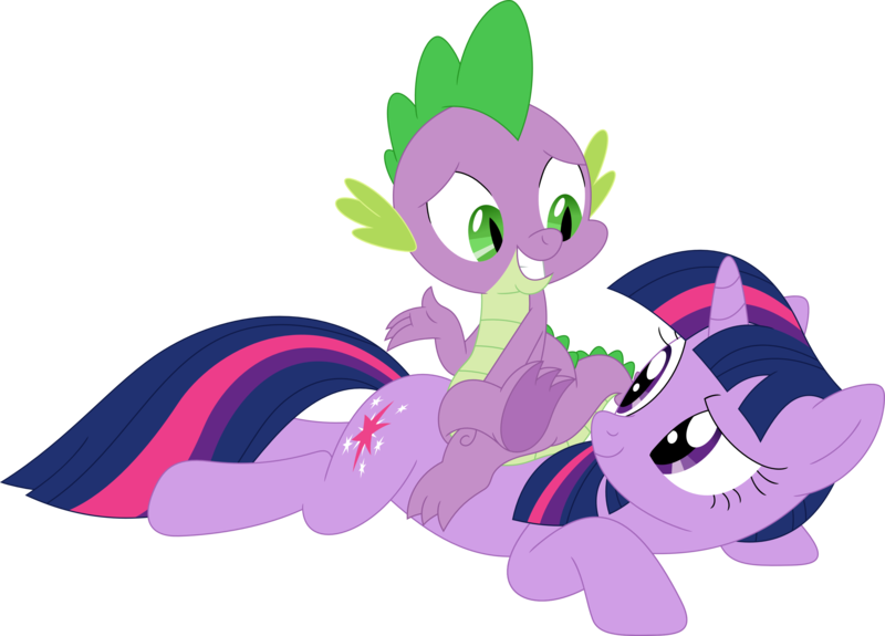 Size: 3471x2495 | Tagged: safe, artist:porygon2z, derpibooru import, spike, twilight sparkle, dragon, pony, unicorn, g4, amused, duo, duo male and female, female, full body, high res, horn, image, looking at each other, looking at someone, lying down, male, mare, png, prone, sheepish grin, simple background, sitting on, sitting on person, sitting on pony, smiling, smiling at each other, transparent background, unicorn twilight, vector