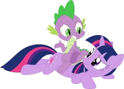 Size: 3471x2495 | Tagged: safe, artist:porygon2z, derpibooru import, spike, twilight sparkle, dragon, pony, unicorn, g4, amused, duo, duo male and female, female, full body, high res, horn, image, looking at each other, looking at someone, lying down, male, mare, png, prone, sheepish grin, simple background, sitting on, sitting on person, sitting on pony, smiling, smiling at each other, transparent background, unicorn twilight, vector