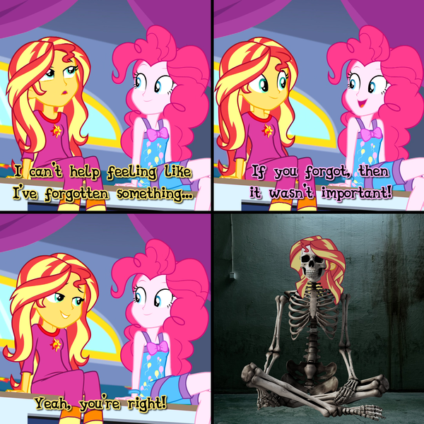 Size: 2896x2896 | Tagged: safe, derpibooru import, pinkie pie, sunset shimmer, human, equestria girls, g4, basement, bone, caption, clothes, comic, dialogue, equestria girls specials, female, human sunset, image, implied death, meme, my little pony equestria girls: sunset's backstage pass, pajamas, png, skeleton, text