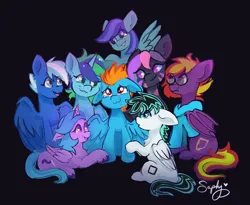 Size: 1200x982 | Tagged: safe, artist:saphypone, derpibooru import, oc, oc:samudash, unofficial characters only, bat pony, pegasus, pony, unicorn, black background, group hug, horn, hug, image, jpeg, simple background