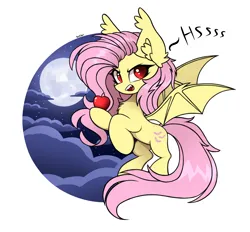 Size: 2050x1900 | Tagged: safe, artist:rejiser, derpibooru import, fluttershy, bat pony, pony, apple, bat ponified, bat wings, ear fluff, fangs, female, flutterbat, food, hissing, image, mlp fim's fourteenth anniversary, png, race swap, simple background, solo, tail, wings