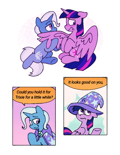 Size: 600x775 | Tagged: safe, artist:driftwoodpony, derpibooru import, trixie, twilight sparkle, twilight sparkle (alicorn), alicorn, pony, unicorn, g4, accessory swap, blush lines, blushing, clothes, dialogue, female, frown, hat, horn, image, lesbian, looking away, mare, one wing out, png, shipping, simple background, smiling, speech bubble, trixie's hat, twixie, white background, wings