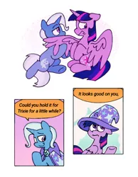 Size: 600x775 | Tagged: safe, artist:driftwoodpony, derpibooru import, trixie, twilight sparkle, twilight sparkle (alicorn), alicorn, pony, unicorn, g4, accessory swap, blush lines, blushing, clothes, dialogue, female, frown, hat, horn, image, lesbian, looking away, mare, one wing out, png, shipping, simple background, smiling, speech bubble, trixie's hat, twixie, white background, wings